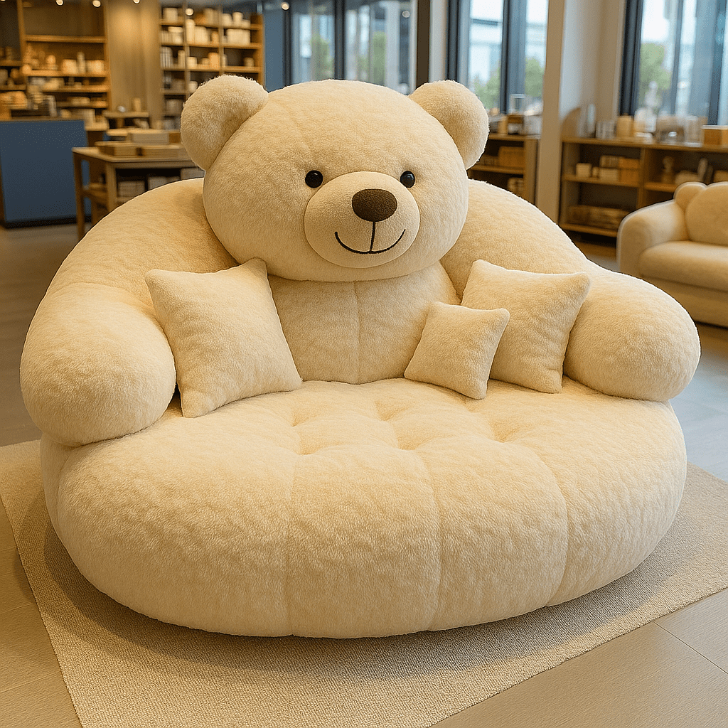 Cream coloured oversized teddy bear lounger chair featuring a soft plush finish and round seating base