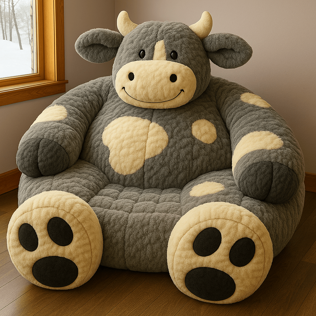 Oversized grey plush cow lounger chair in contemporary home setting