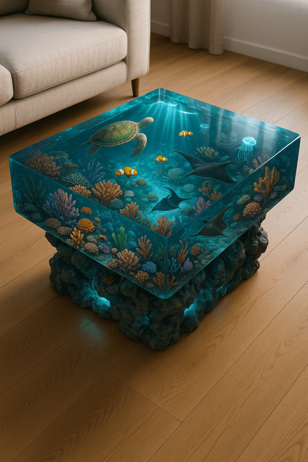 Ocean-inspired resin table featuring rays, a turtle, clownfish, jellyfish, and glowing coral reef décor.