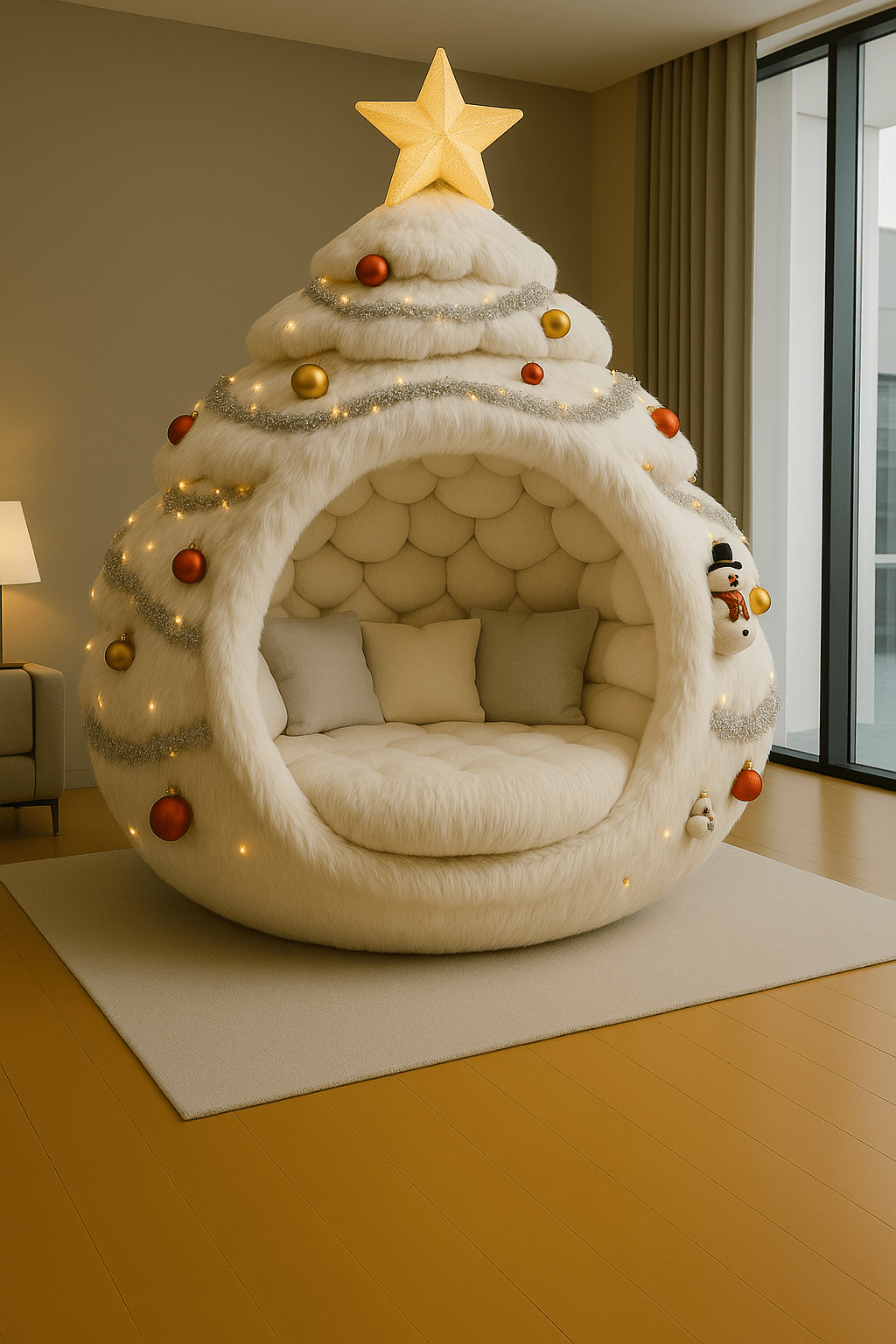 White Christmas tree-shaped armchair with faux fur, fairy lights, and gold ornaments in a modern living room.