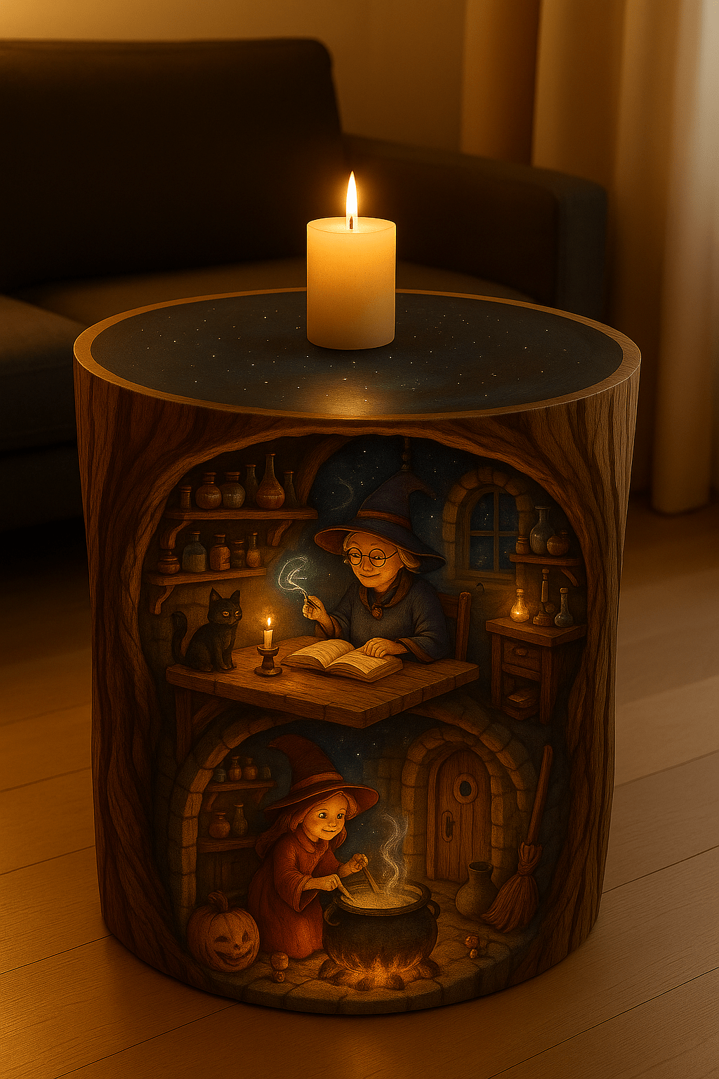 Magical wooden table featuring carved witch cottage scene with glowing cauldron and reading witch in a cosy room.