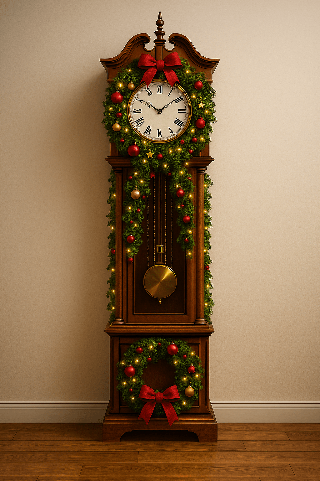 Classic wooden grandfather clock decorated with garlands, baubles, golden pendulum, and festive wreath.