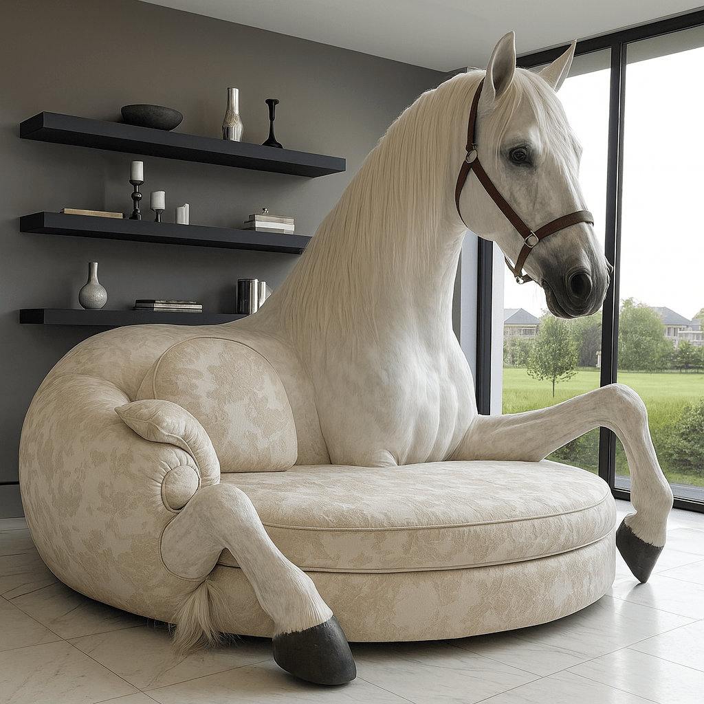 Ivory white horse-shaped lounger chair showcased in a bright modern living space