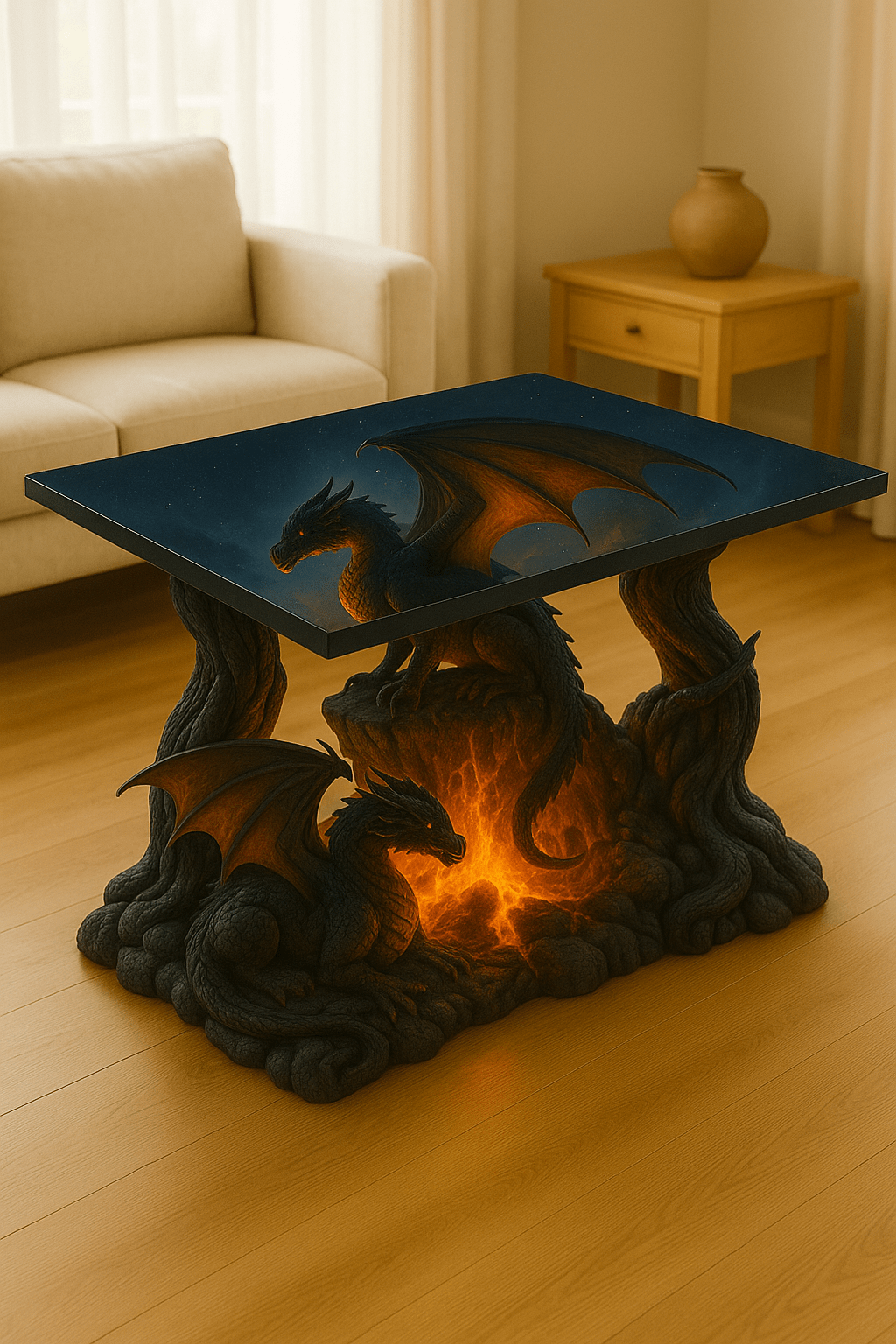 Twin dragons supporting a tabletop above illuminated molten stone