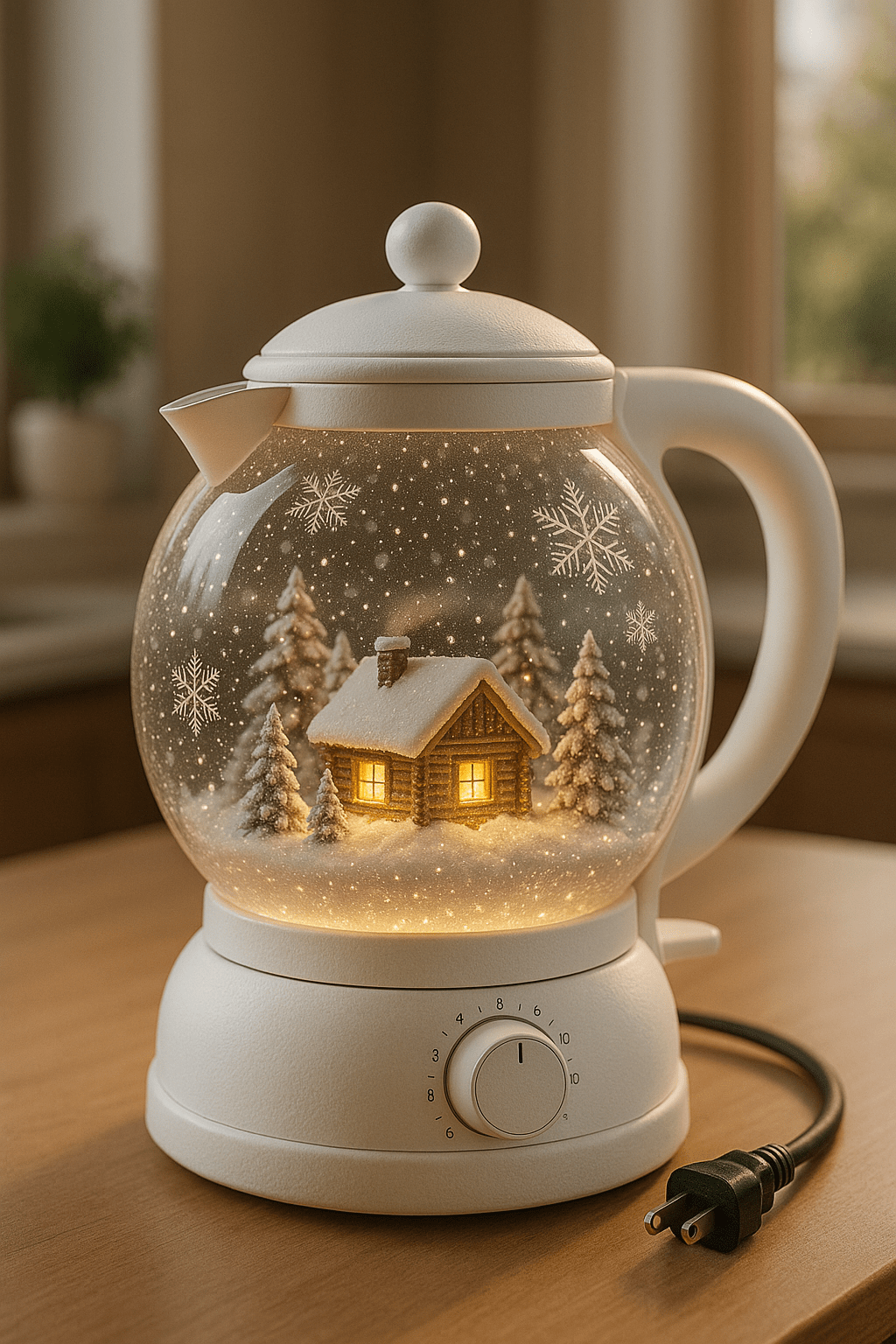 White snowglobe kettle showing a glowing cabin surrounded by snowy pine trees in a glass globe.