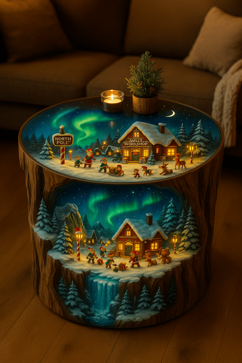 Multi-level Christmas coffee table with elves, snowy cabins, aurora sky, and a waterfall winter scene.