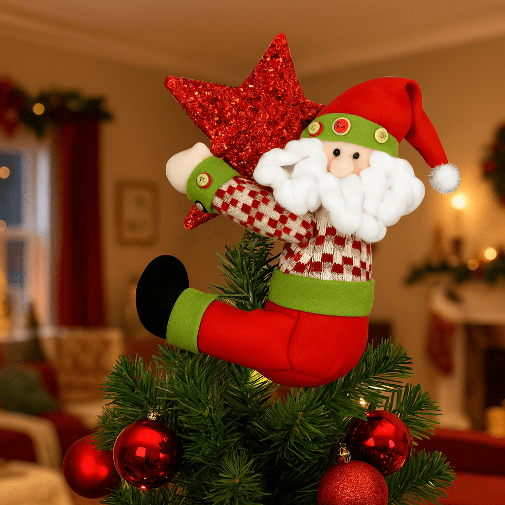 Plush Santa Claus tree topper holding a red glittering star at the top of a Christmas tree.