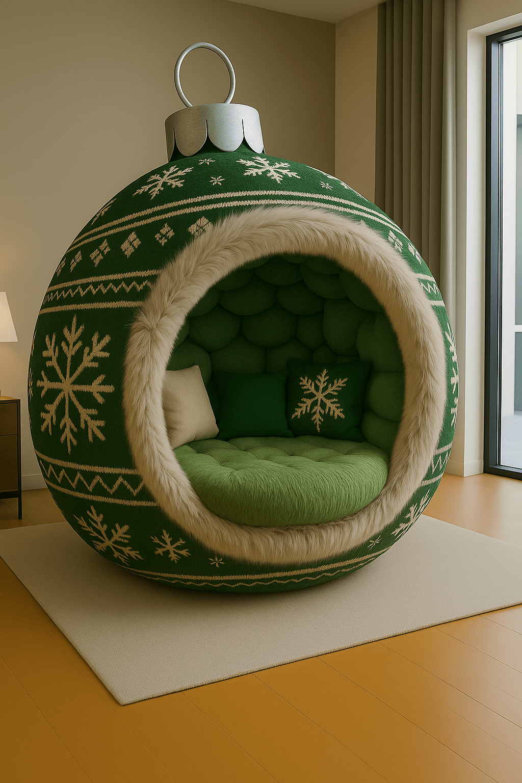 Green Christmas bauble-shaped lounge chair with cream faux fur trim and snowflake details