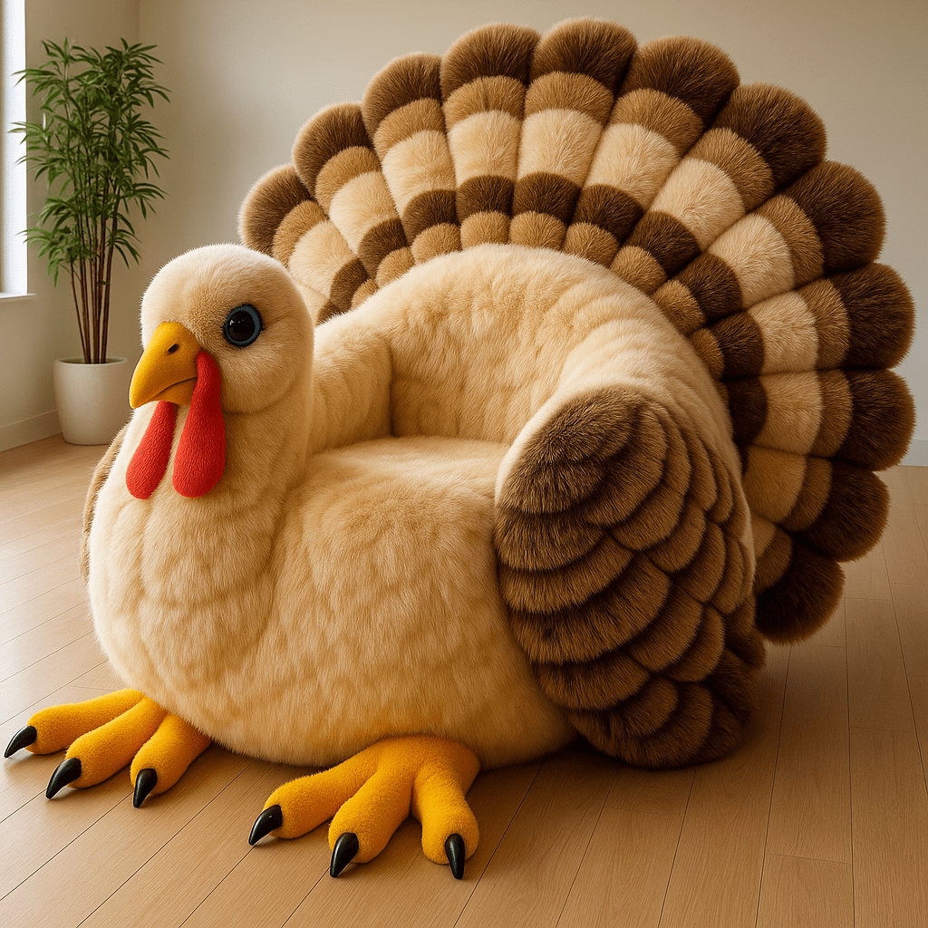Cosy turkey armchair in cream and brown tones with plush feathers and detailed claw feet