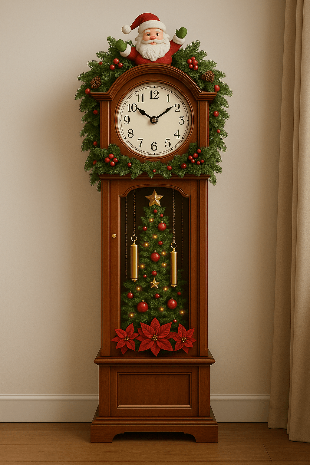 Grandfather clock topped with Santa, featuring a lit Christmas tree, gold weights, and poinsettias.