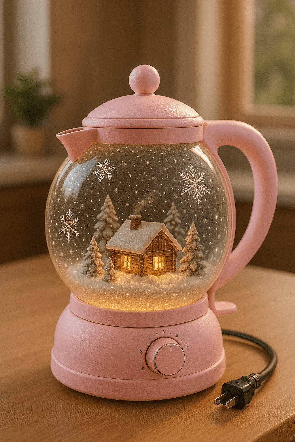 Soft pink snowglobe kettle containing a miniature glowing winter cabin and falling snow effect.