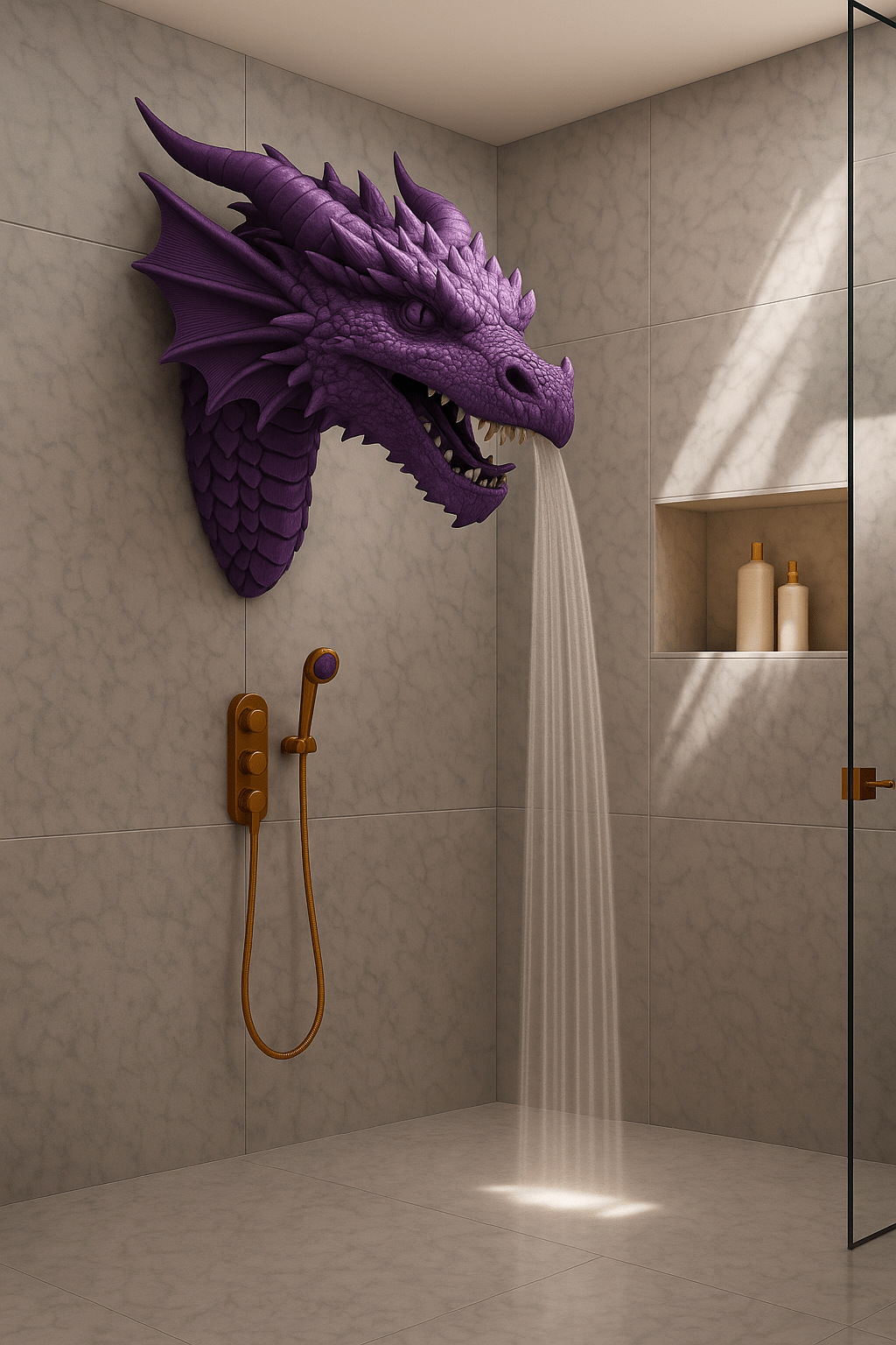 Purple dragon shower head spraying water in a contemporary marble-tile shower.