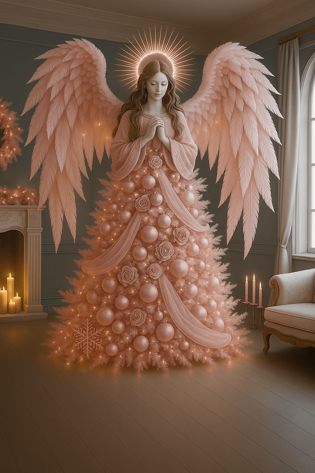 Pink angel Christmas tree with soft pastel baubles and luminous halo