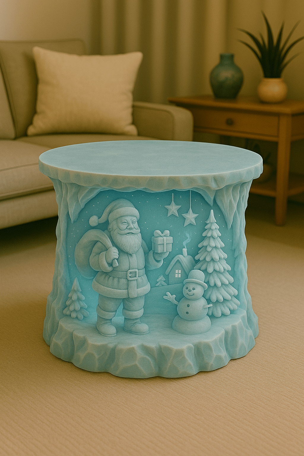 Frosted blue Christmas table featuring Santa holding a gift beside a snowman and festive trees