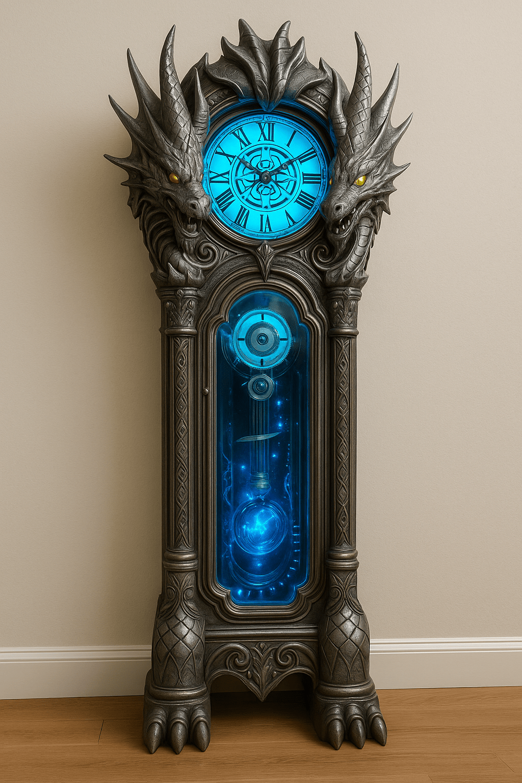 Grey dragon grandfather clock with glowing blue LED interior and twin dragon heads.