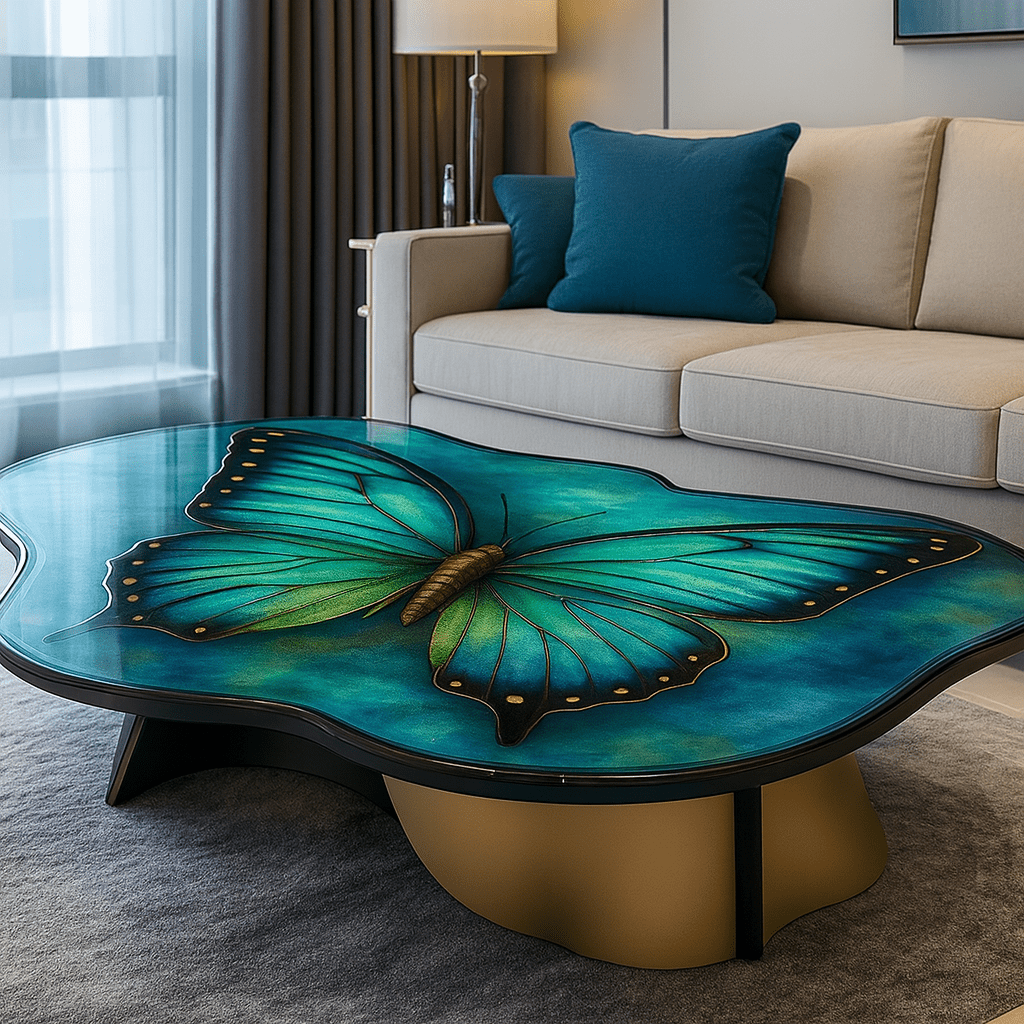 Teal butterfly resin coffee table with sculptural base in a modern living space