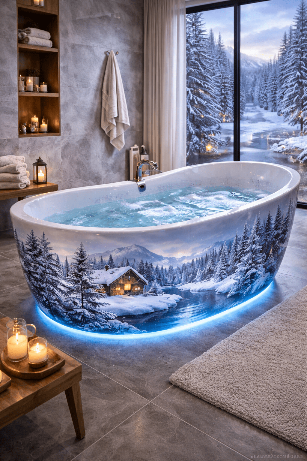 Freestanding winter wonderland bathtub featuring a snowy cabin, frozen river and soft blue LED lighting