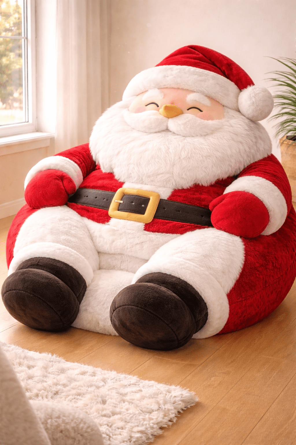 Oversized Santa Claus beanbag chair with plush red and white festive design
