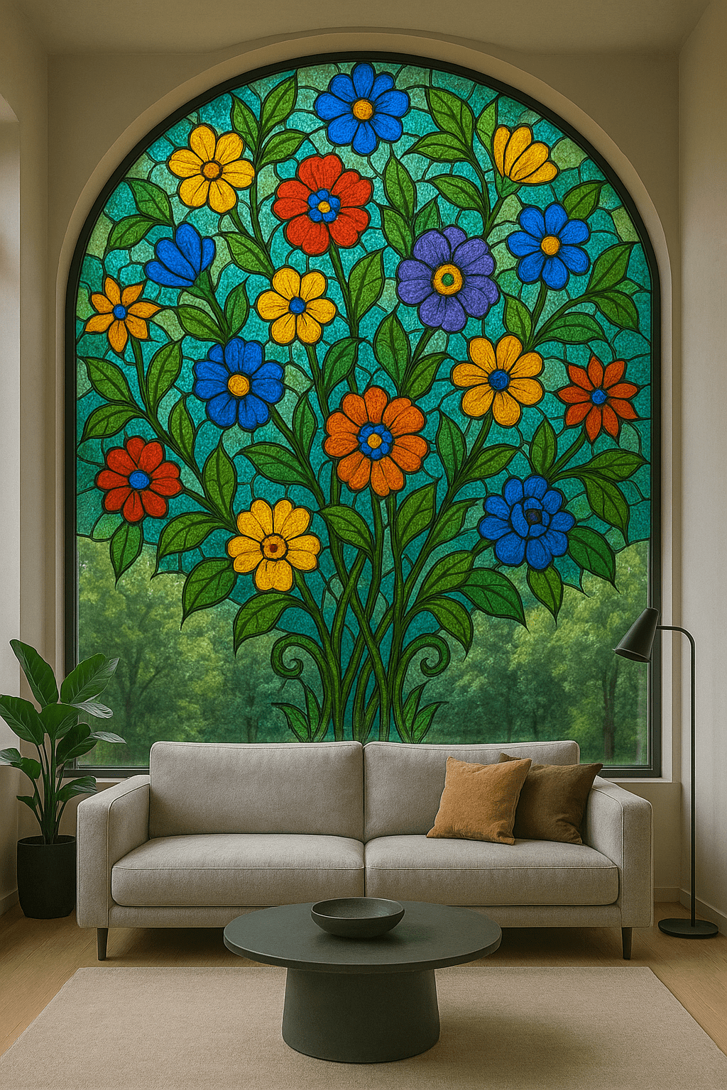 Decorative floral stained glass window filtering natural light into a living room
