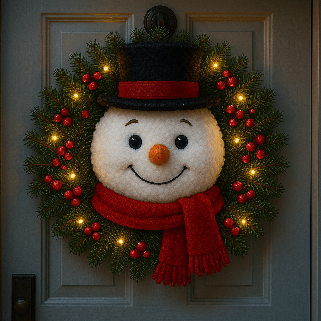 Snowman character Christmas wreath featuring a red scarf, hat, and glowing festive lights