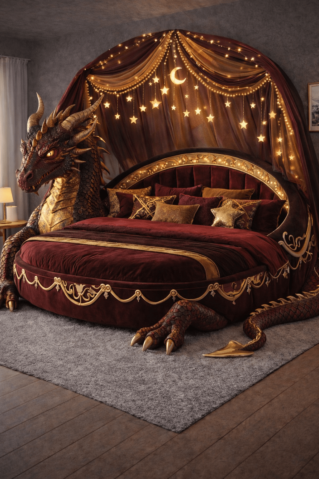 Luxury burgundy dragon-shaped statement bed with star-lit canopy and plush velvet bedding