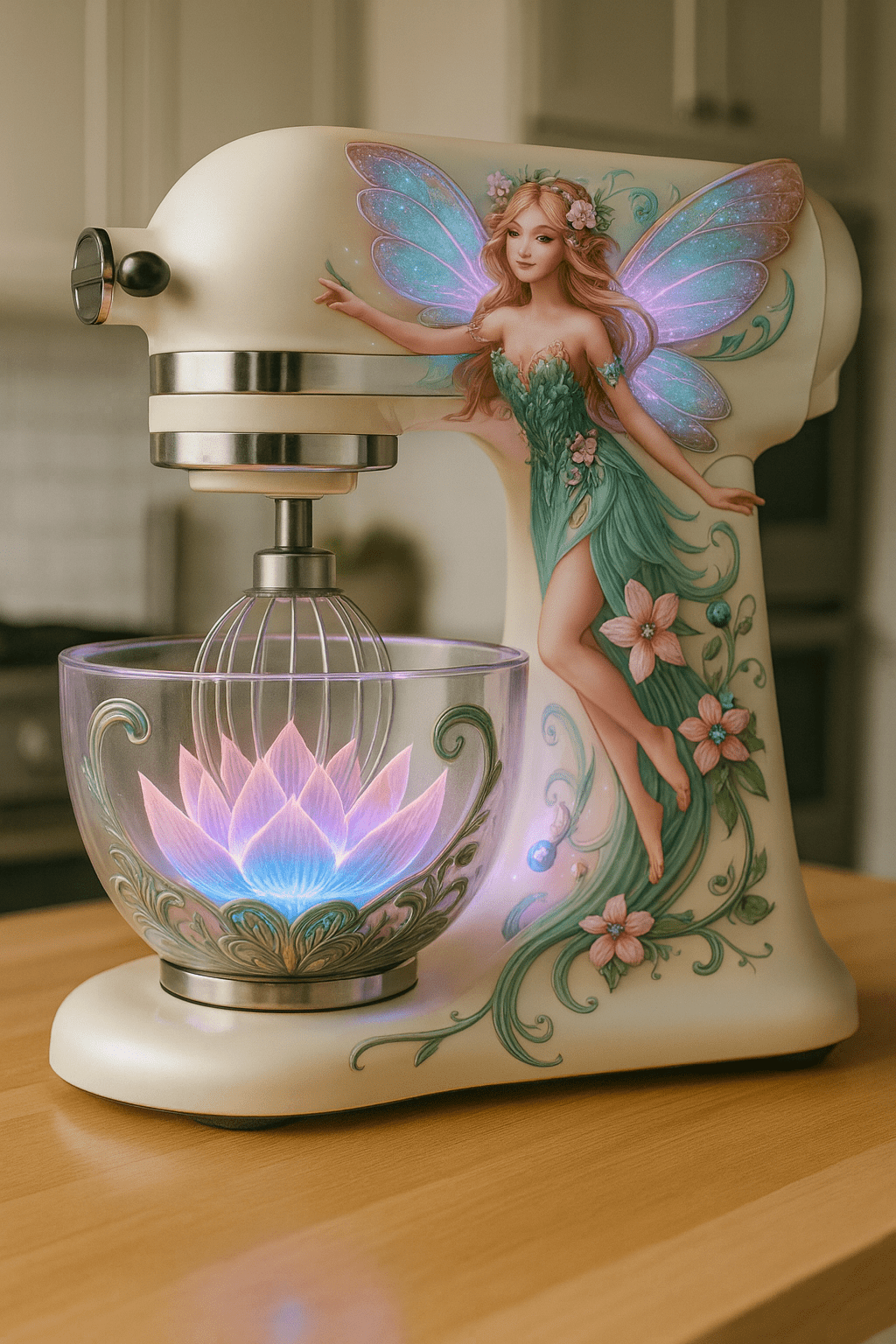 Cream fairy stand mixer featuring sculpted fairy design and glowing lotus mixing bowl on wooden counter