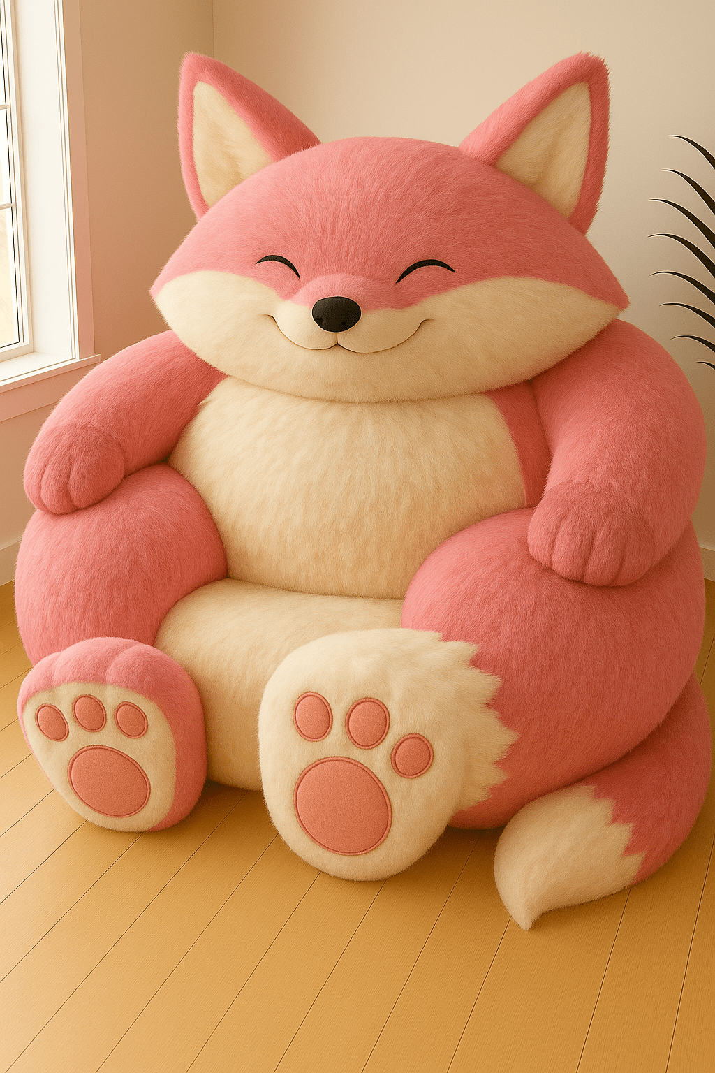 Pink oversized armchair with soft faux fur and rounded shape