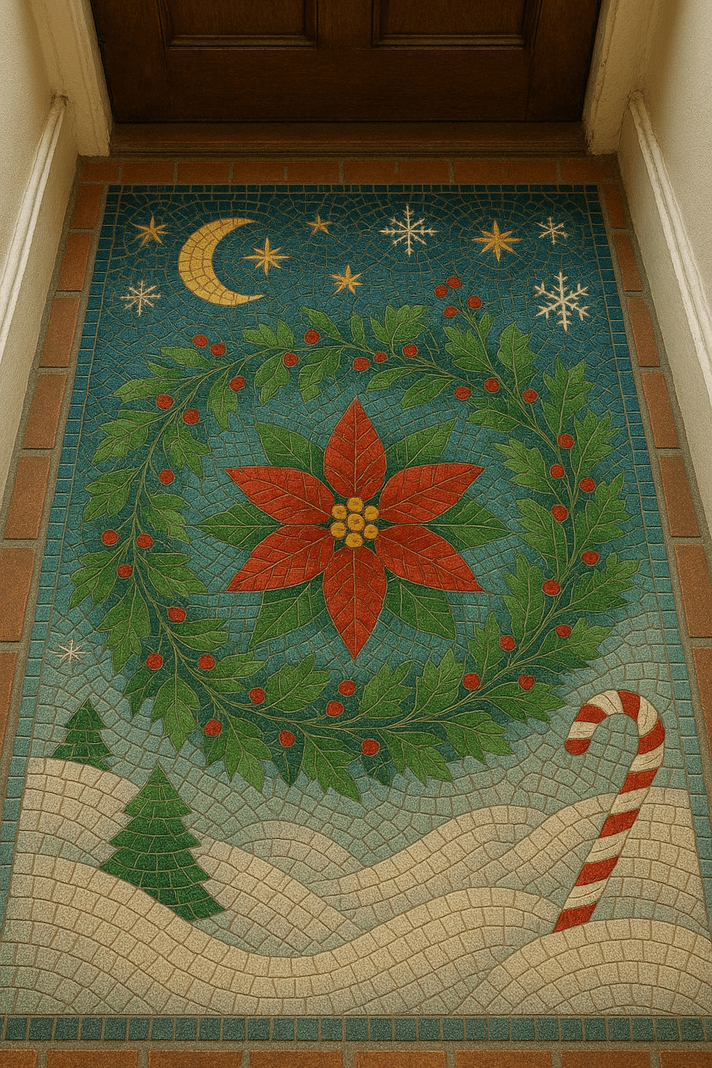 Festive poinsettia wreath mosaic floor with snow, candy cane, stars, and moon in a Christmas entrance setting