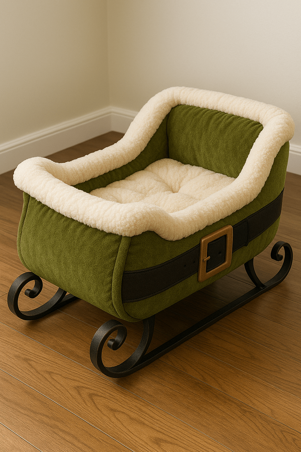 Green Santa sleigh pet bed with cosy padded interior and metal base
