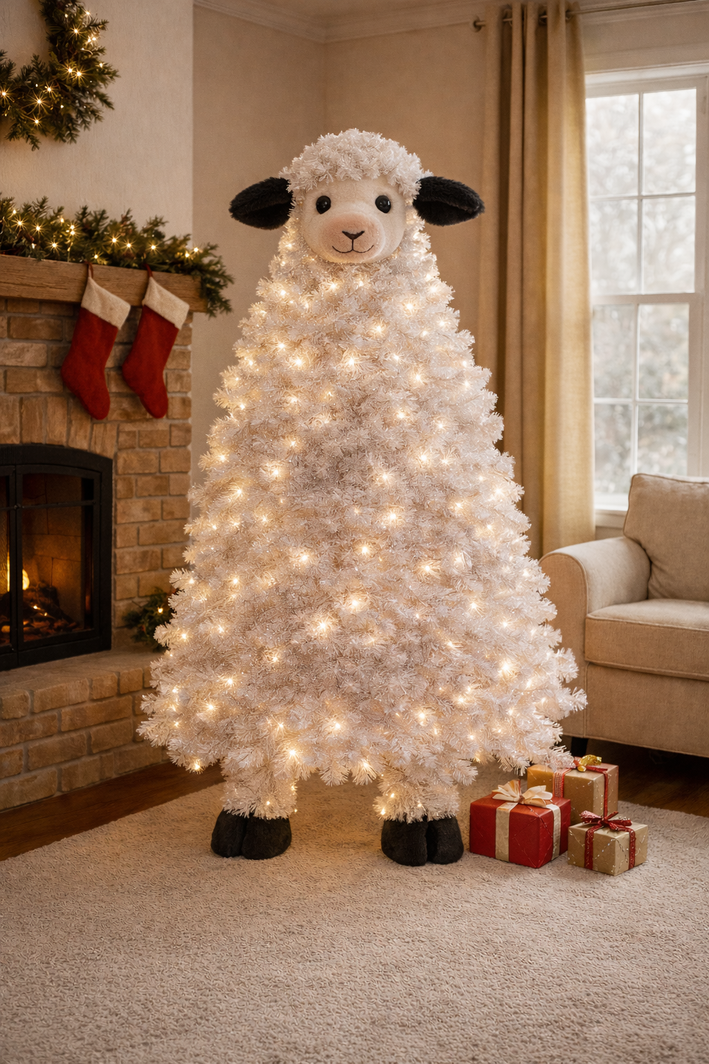Fluffy sheep-shaped Christmas tree with warm white fairy lights in a cosy living room