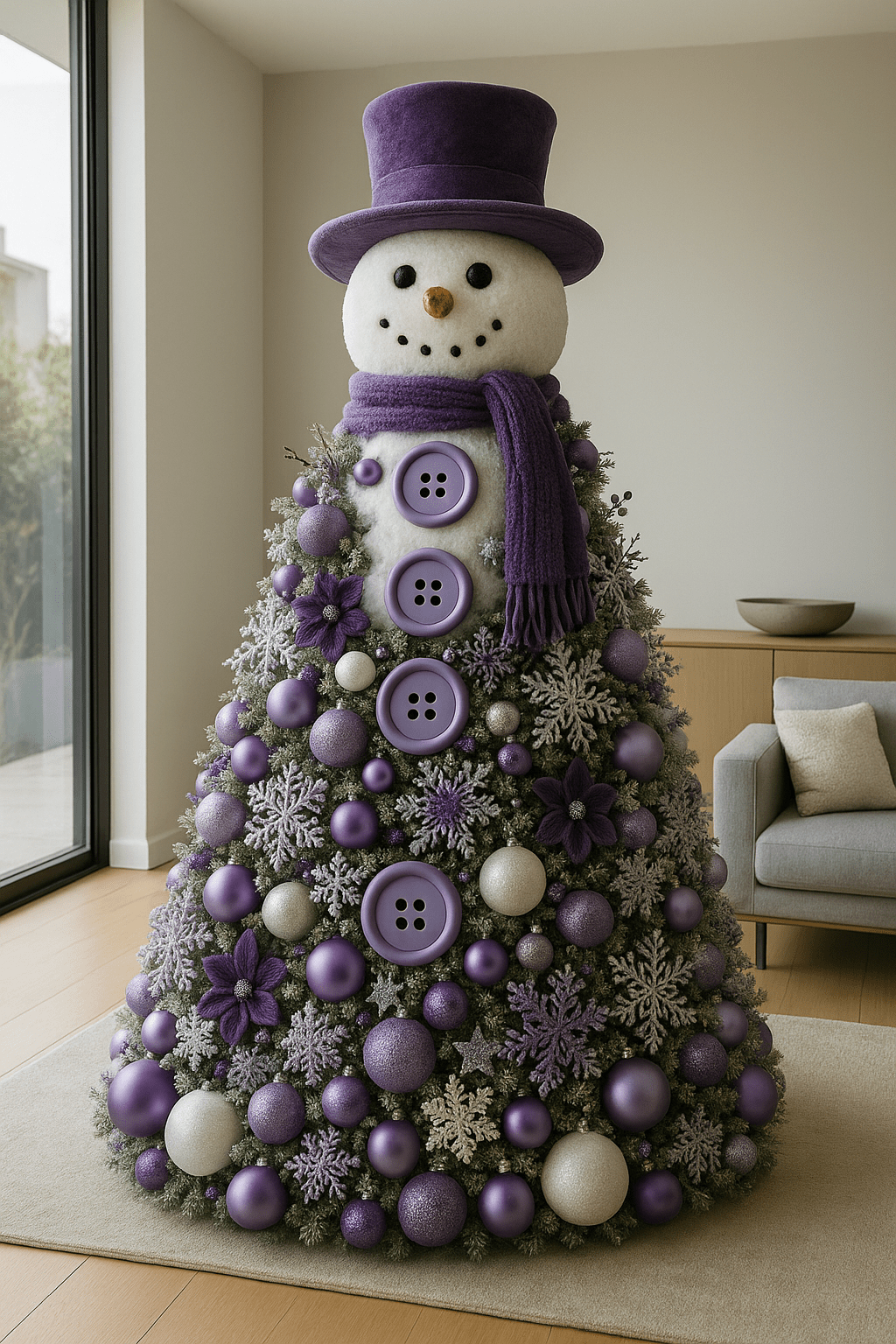 Purple Christmas tree with decorative buttons, baubles and snowflake detailing