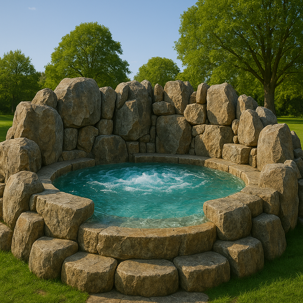 Circular natural stone outdoor hot tub with bubbling water set on a green lawn