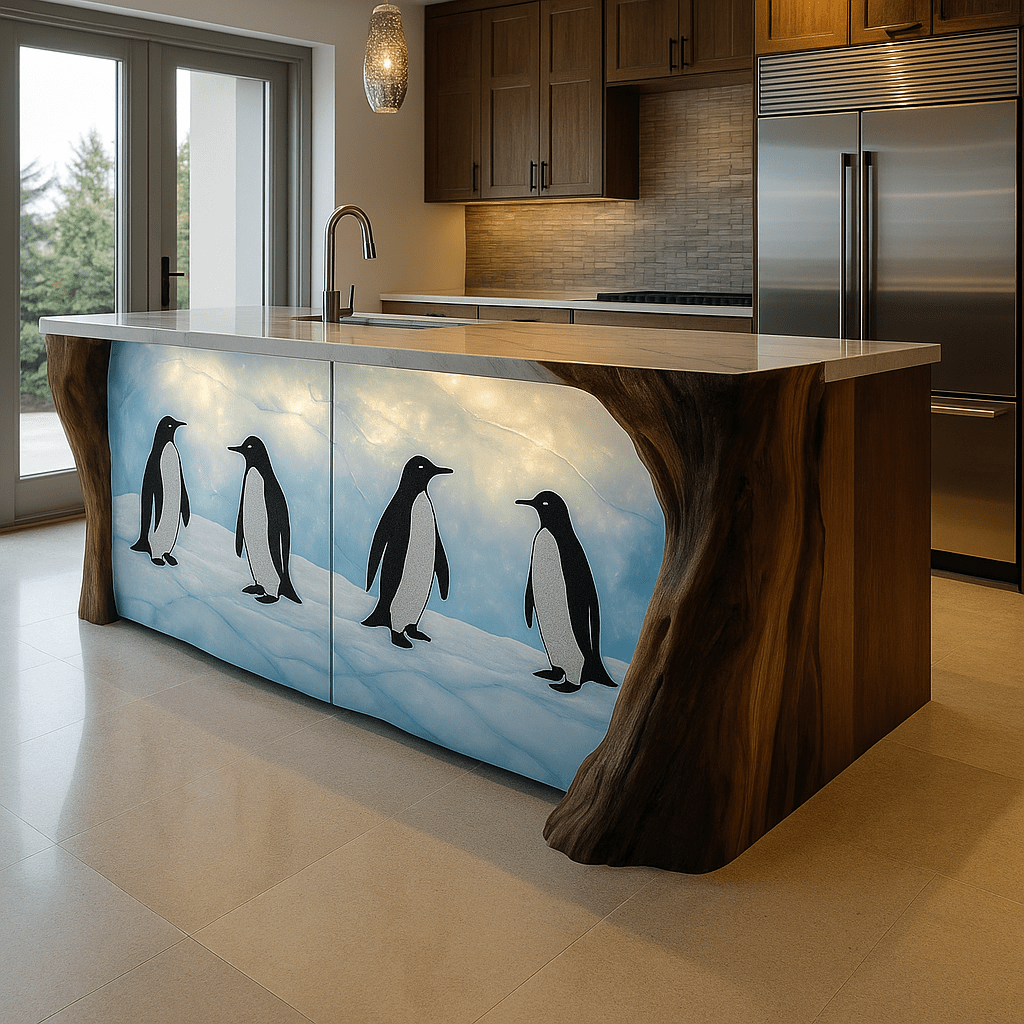 Penguin kitchen island with glowing artwork and natural wood sides in a modern home