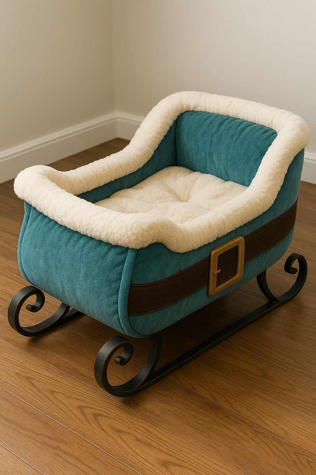 Teal Santa sleigh pet bed with soft fleece lining on wooden floor