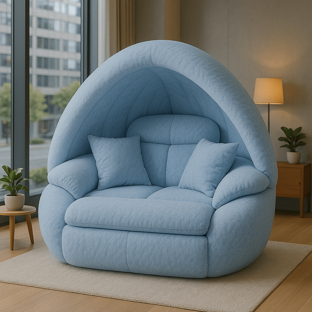 soft baby blue oversized lounge pod chair placed in serene, modern living room