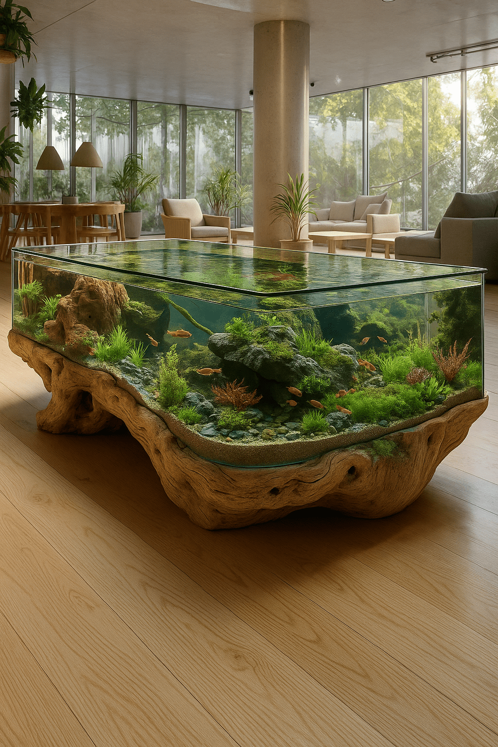 Luxury living aquarium coffee table with glass top and natural wood base in a modern open-plan living room