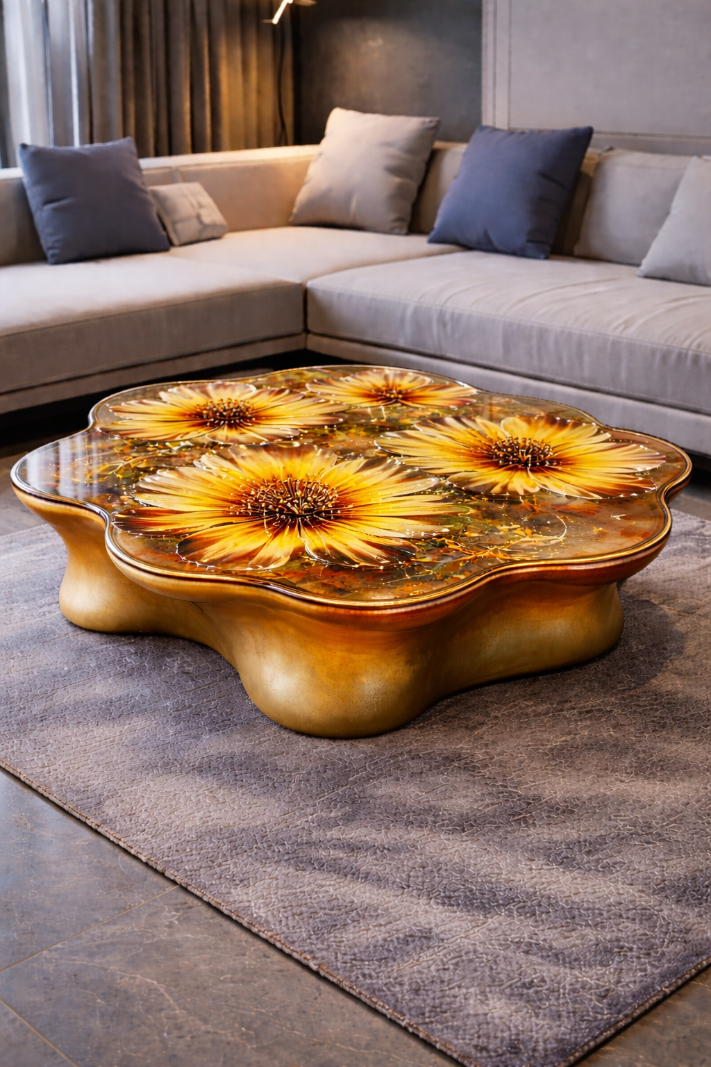 Amber floral resin coffee table with embedded flowers in a modern luxury living room