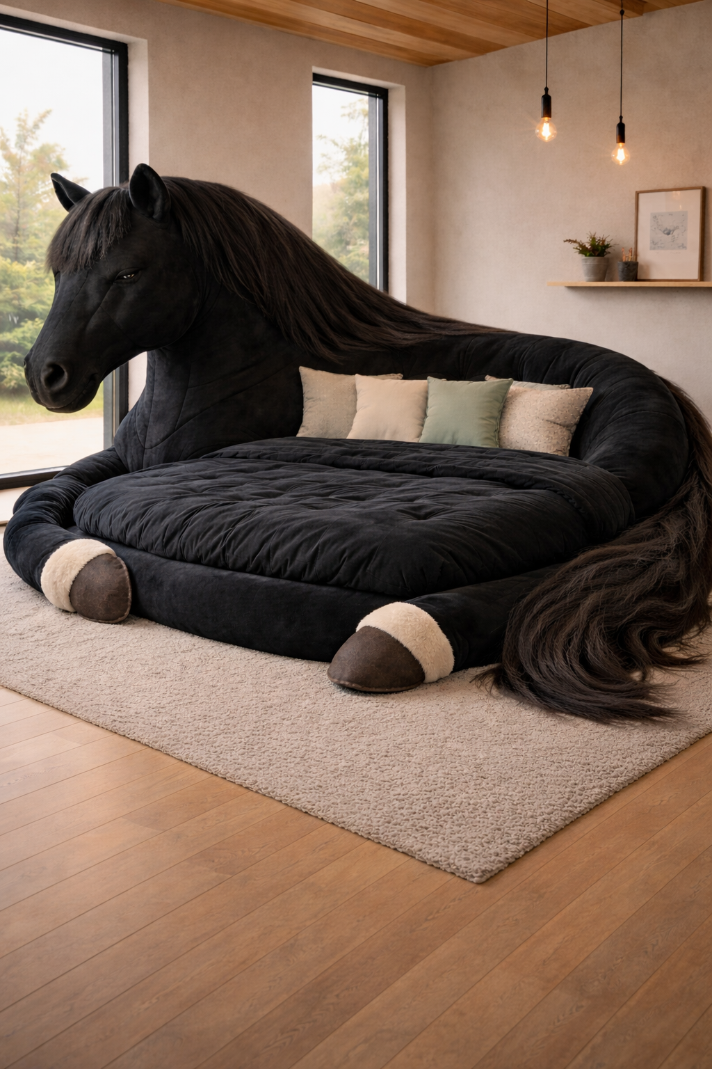 : Black upholstered horse-shaped statement bed with minimalist modern styling
