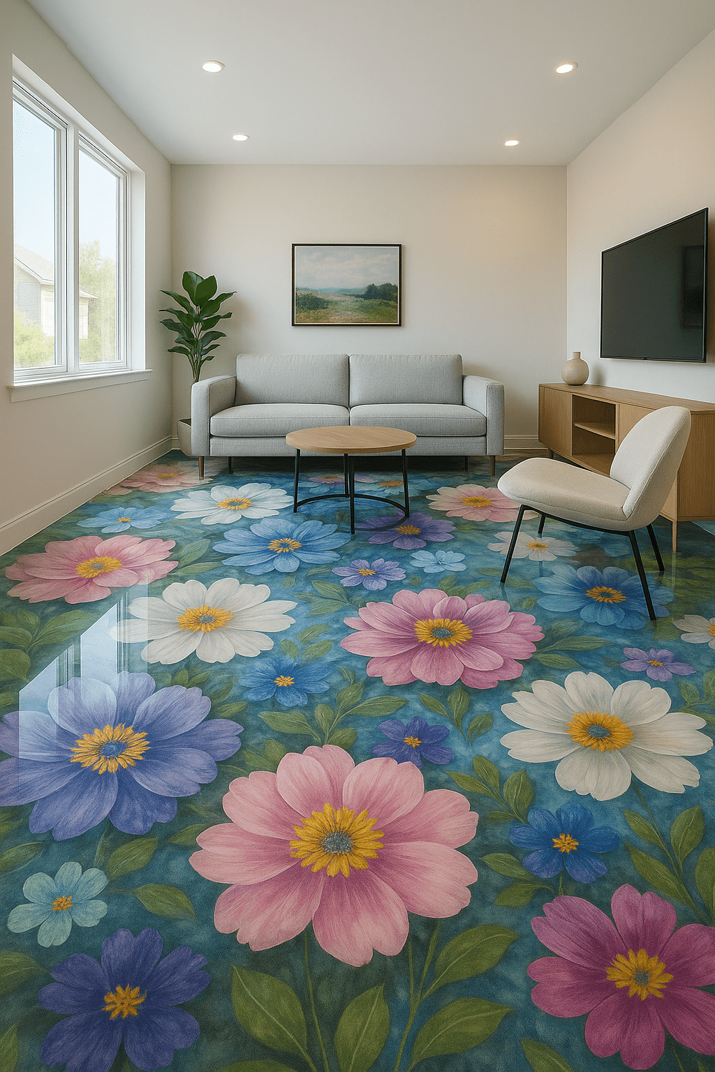 floral resin floor featuring warm botanical flowers in a contemporary lounge