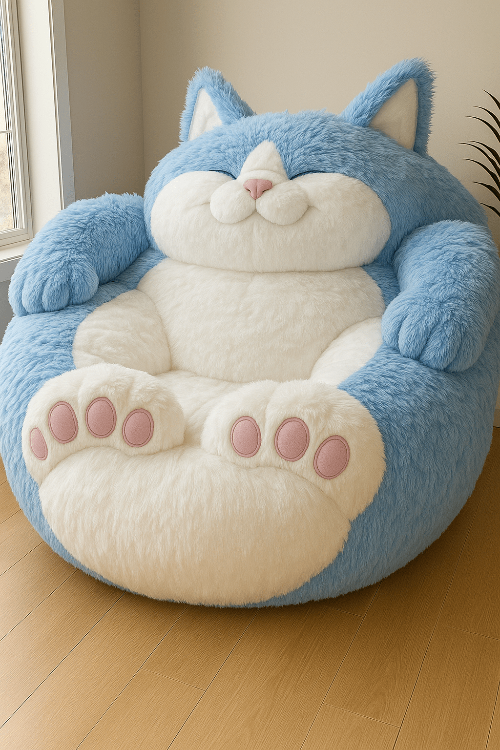Large blue cat-shaped armchair with ultra-soft faux fur
