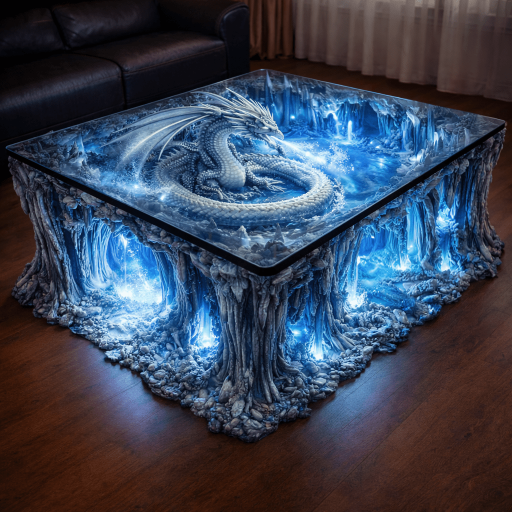 Ice dragon resin coffee table with frozen waterfalls and blue LED lighting