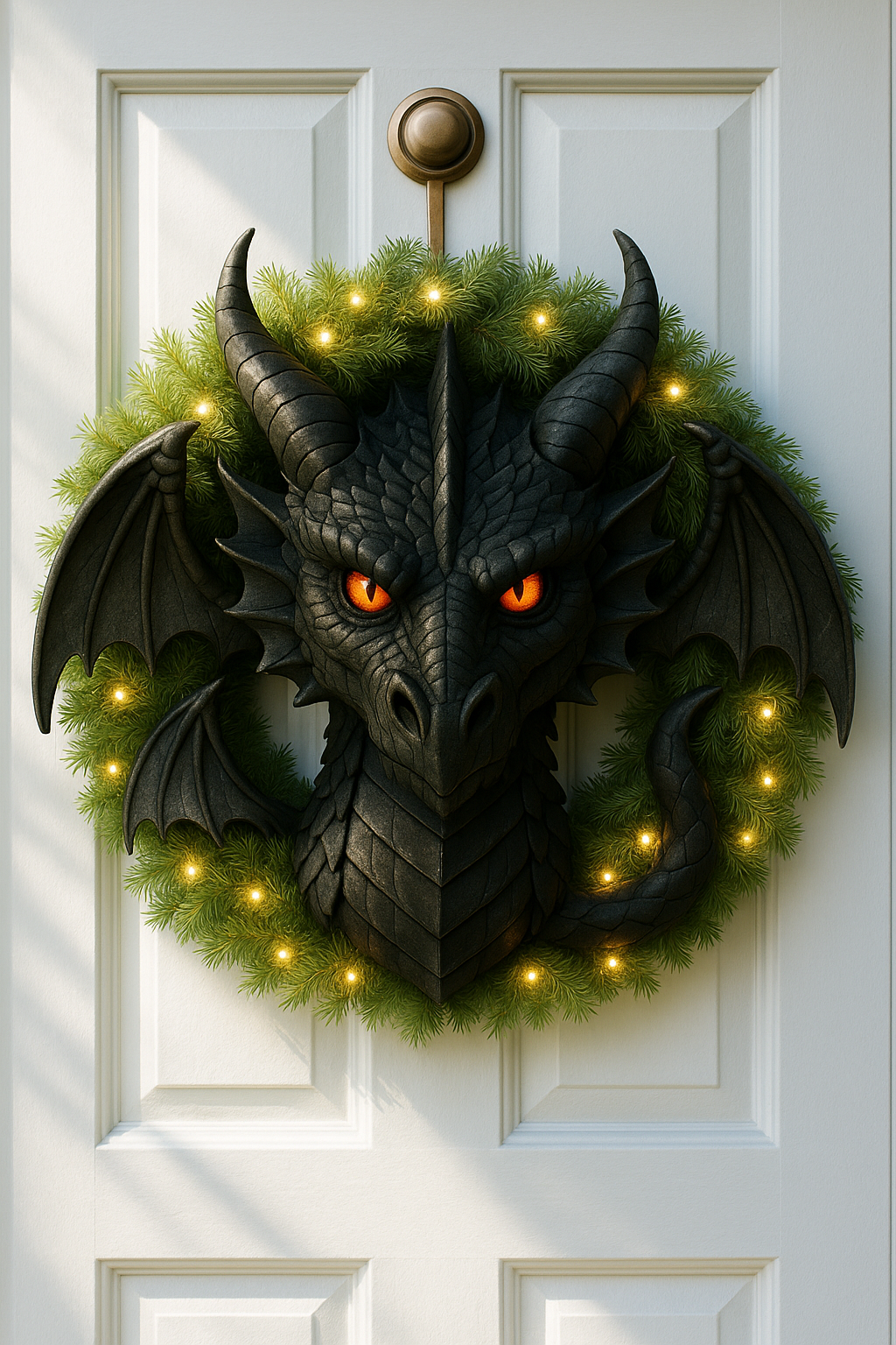 Black dragon Christmas wreath with glowing eyes, evergreen foliage and warm fairy lights on a white front door