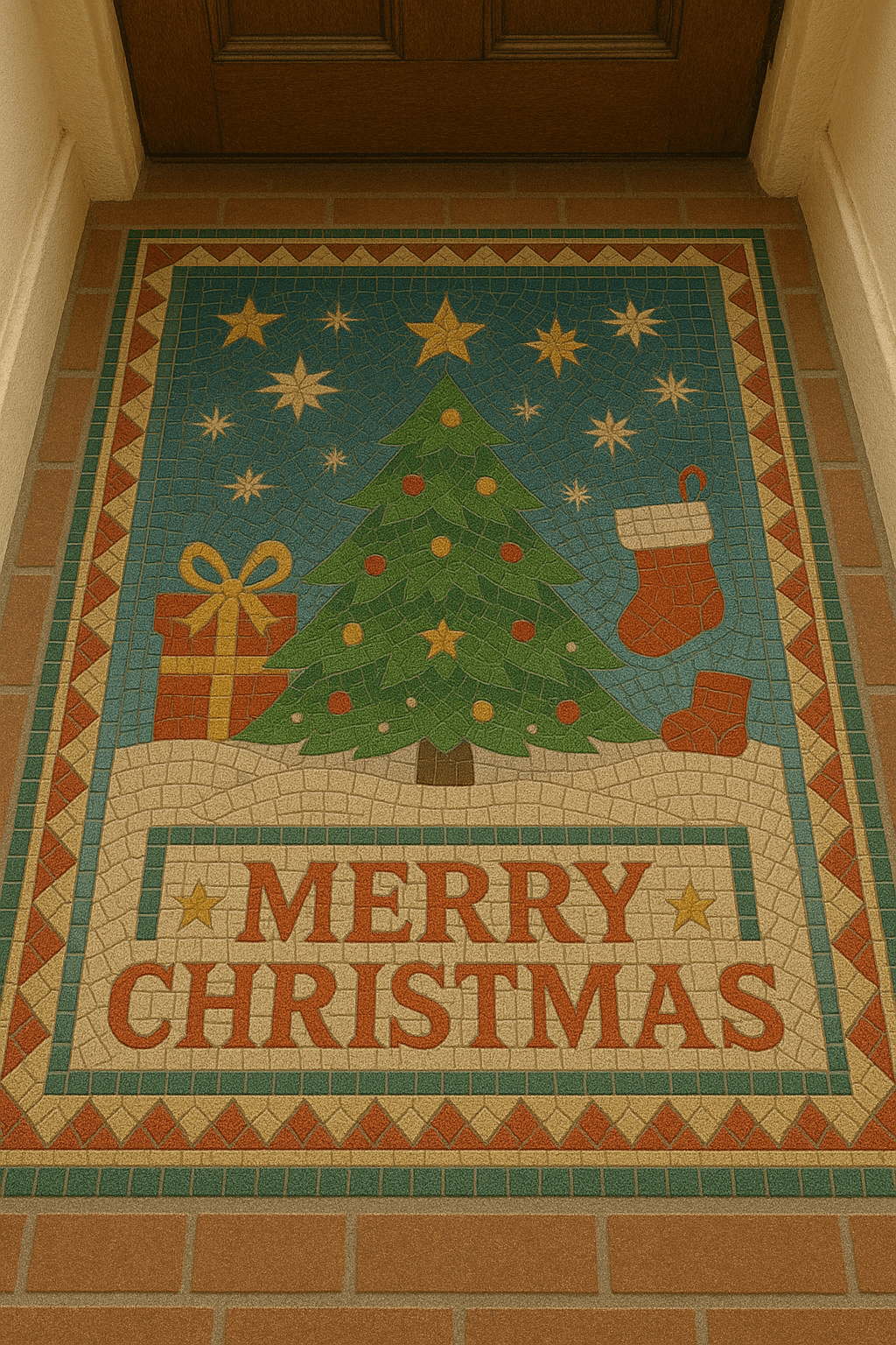 Christmas tree mosaic floor with Merry Christmas text, presents, stockings, and festive border tiles