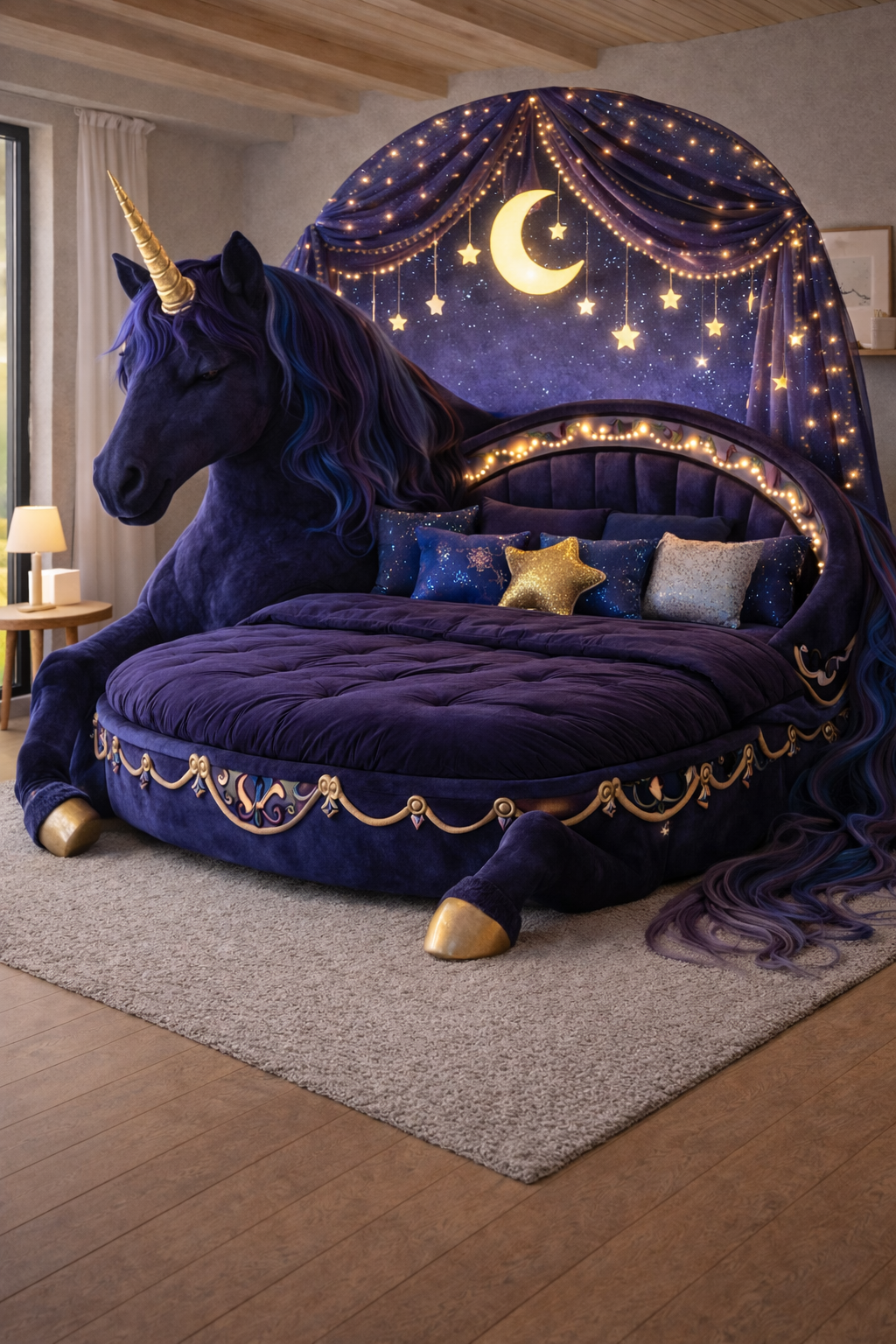 Dark blue unicorn bed with galaxy-themed canopy and star lighting