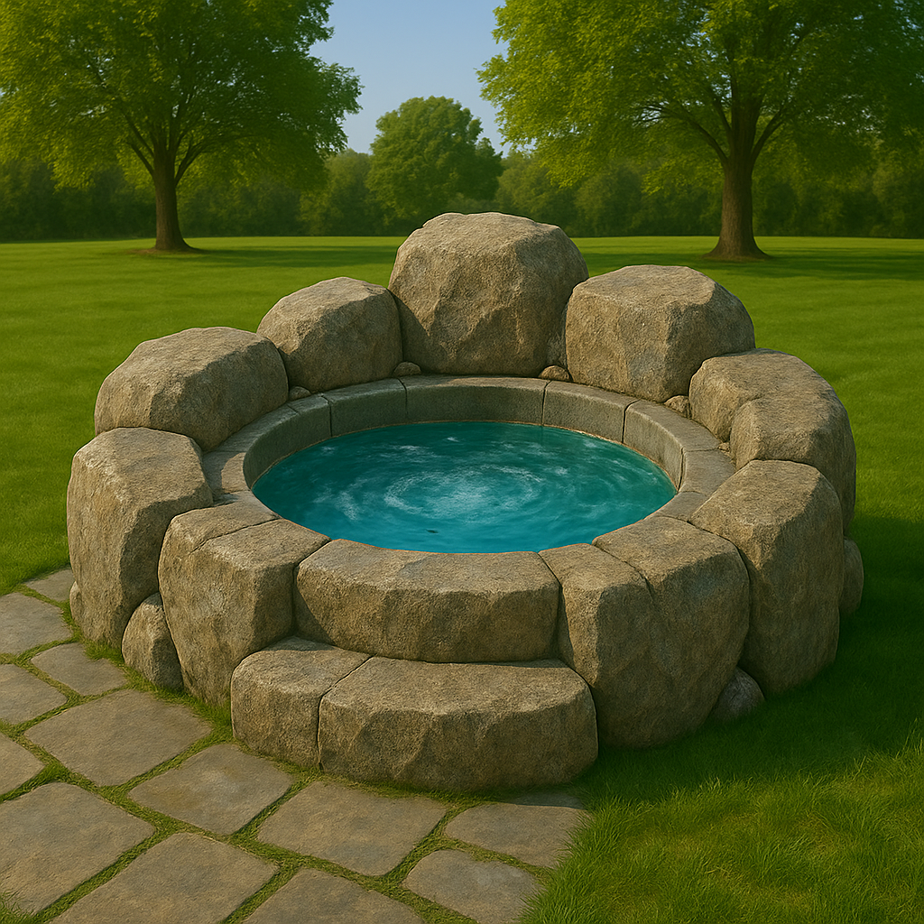Rustic circular stone spa pool surrounded by grass and trees