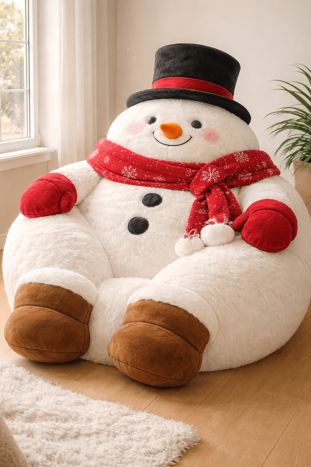 White snowman beanbag chair with scarf and top hat in cosy living room