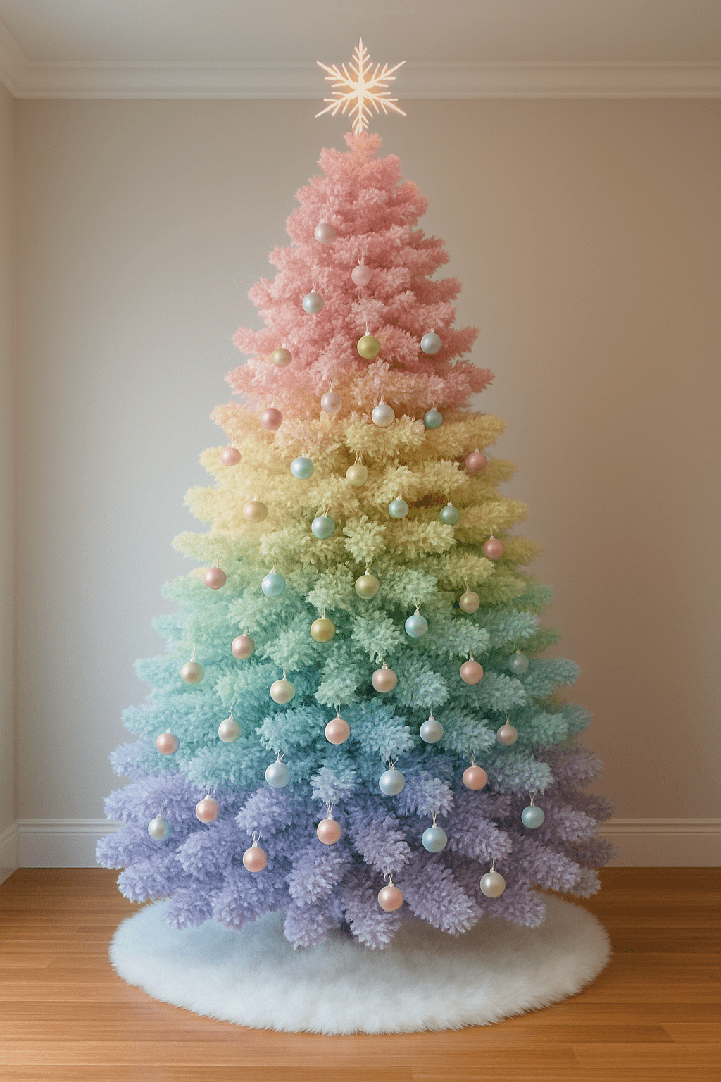 Pastel rainbow Christmas tree featuring soft pink, yellow, green and lavender branches