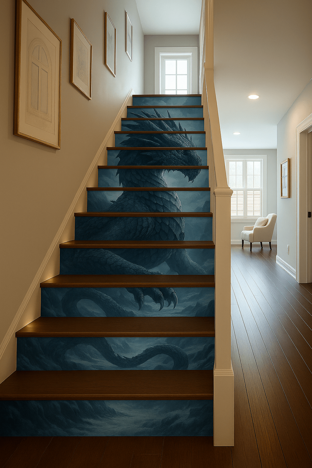 Ice blue dragon vinyl stair risers transforming a modern hallway