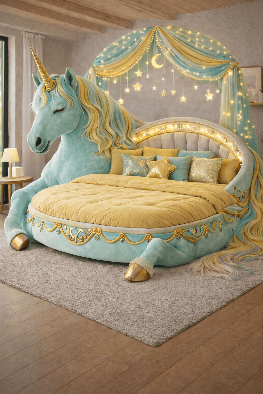 Mint green unicorn bed with gold accents and celestial canopy lighting
