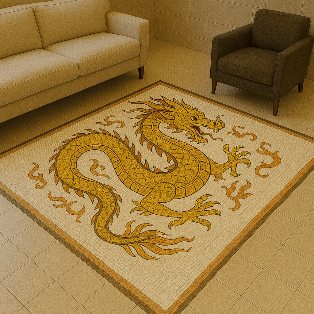 A golden dragon mosaic floor design displayed in a contemporary living room with beige furniture.